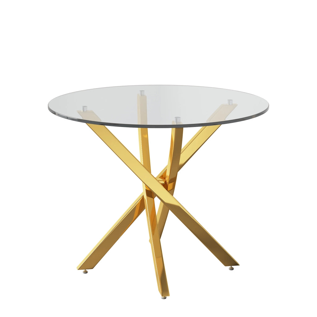 Tavolo da pranzo - rotondo 80x80x75 cm - piano in vetro - gambe dorate - oro+vetro - minimalista