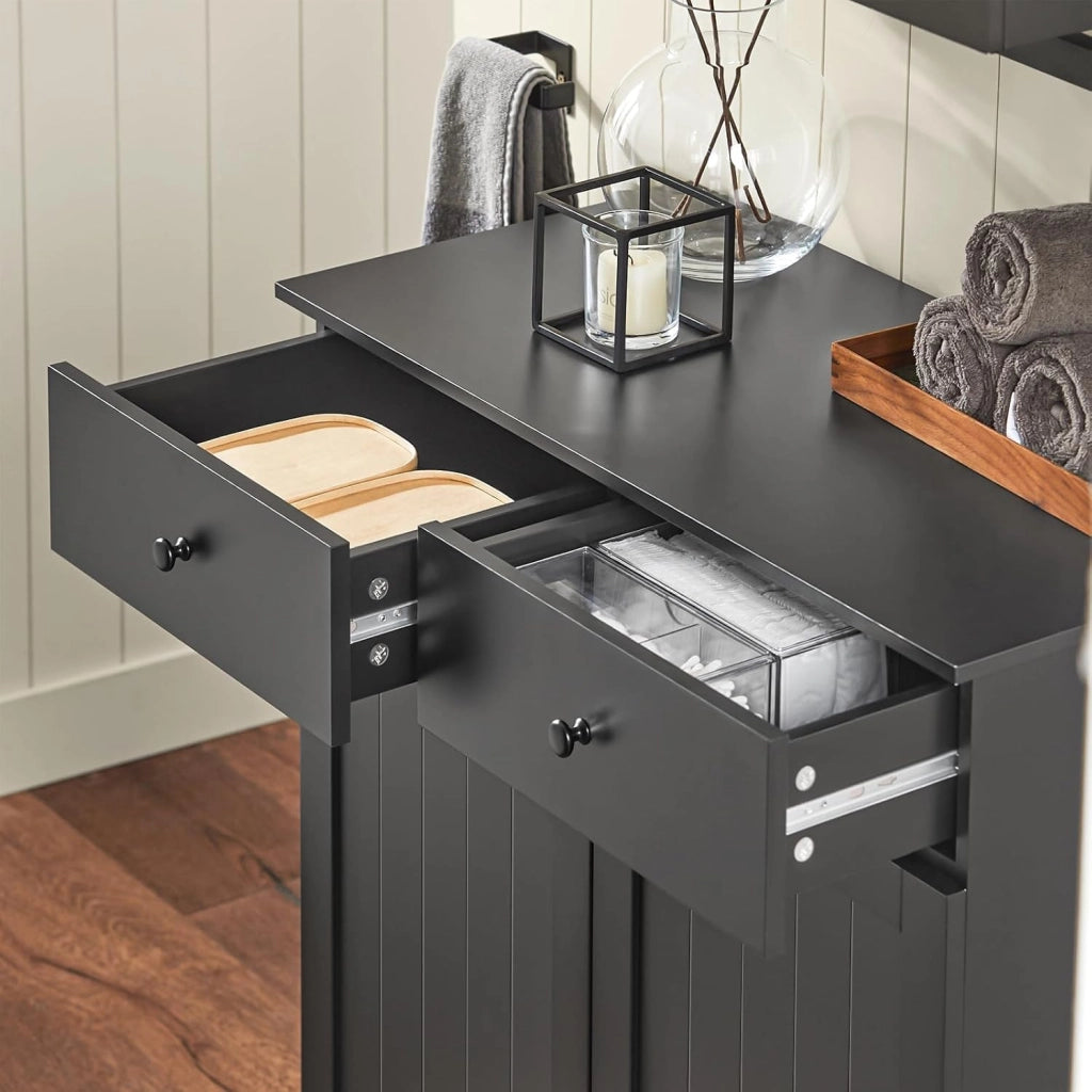 Mobile bagno con portabiancheria - Mobiletto bagno salvaspazio con 2 cassetti e 2 sacchi estraibili - Mobile lavanderia per ingresso o cucina in MDF, Nero, 78x38x90cm, BZR33-II-SCH