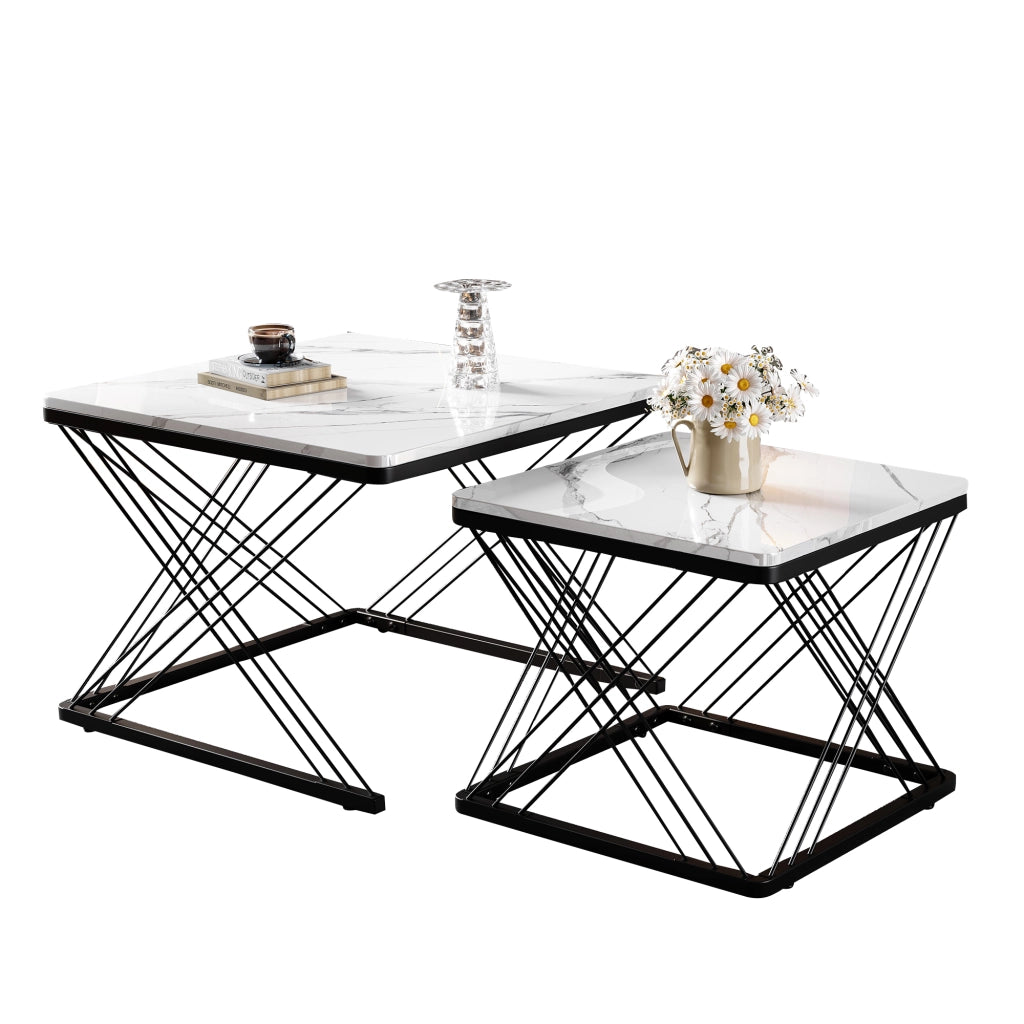 Set di 2 tavolini da caffè 60x60x45 cm e 45x45x40 cm; effetto marmo lucido; MDF; bianco nero