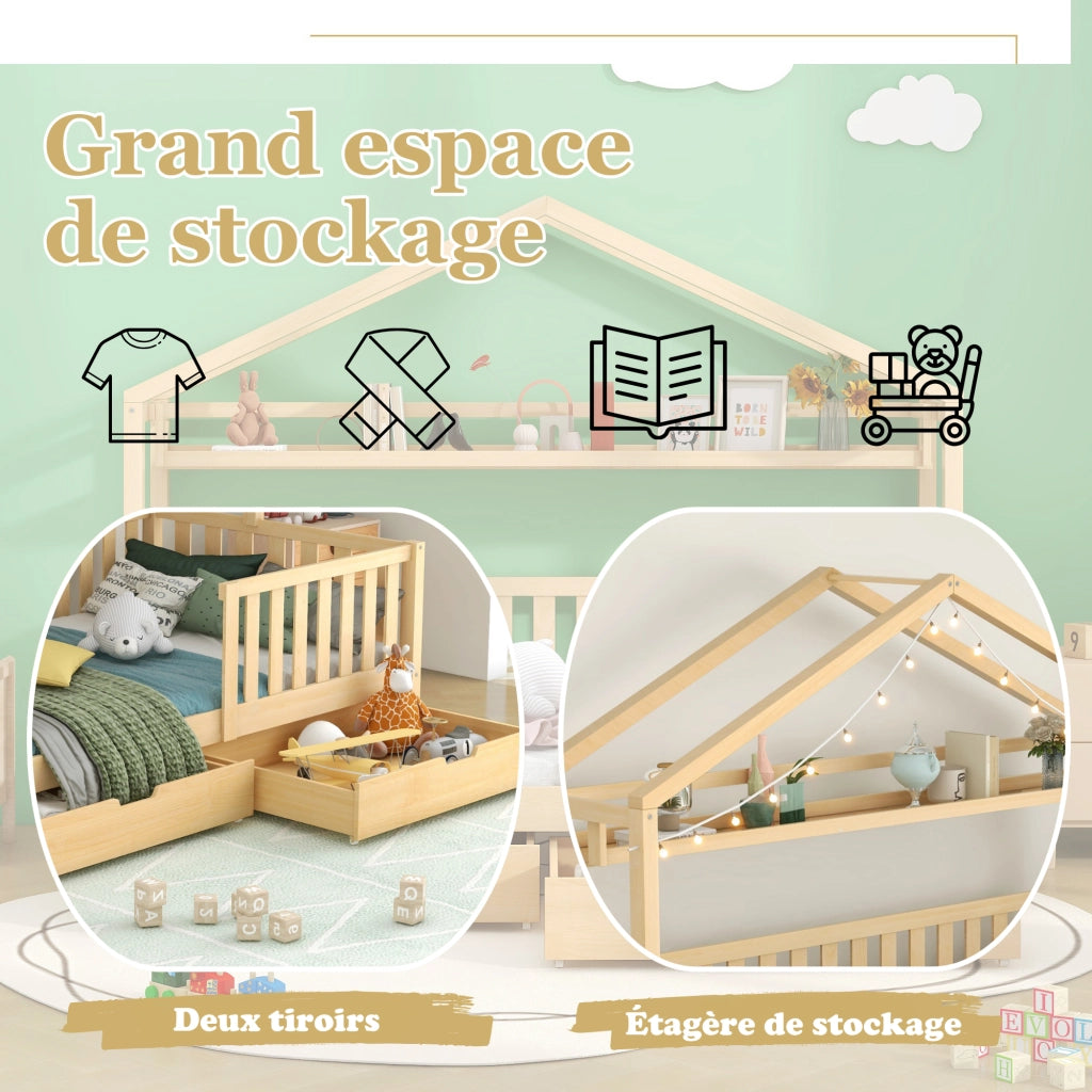 Letto Casetta Singolo 90x200 cm; con Cassetti; Mensola e Sponda in Legno Naturale