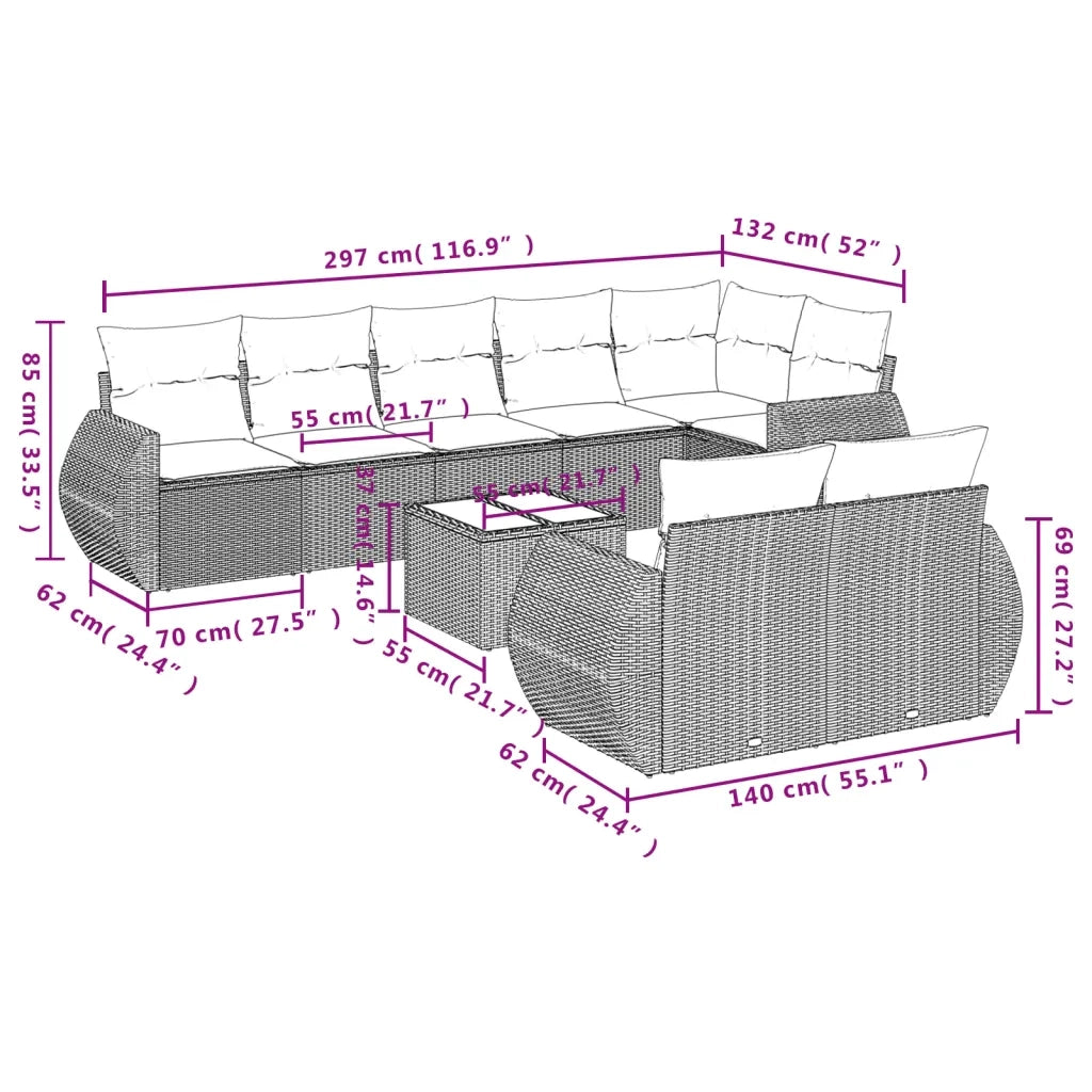 Set Divano da Giardino 9 pz con Cuscini Grigio in Polyrattan