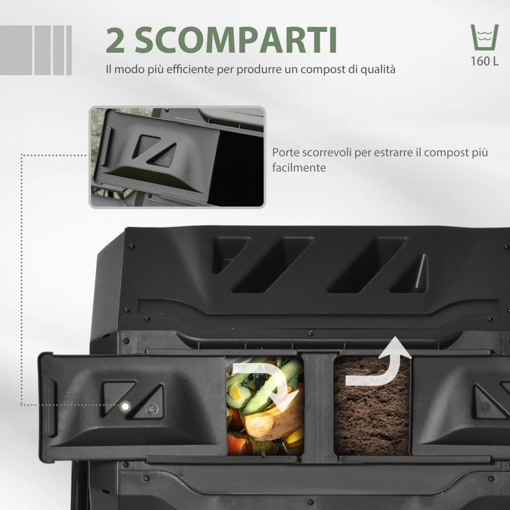 Compostiera da Giardino 2 Sezioni ¨C Zephmum ¨C Nero Acciaio PP 160L 71x65x96 cm