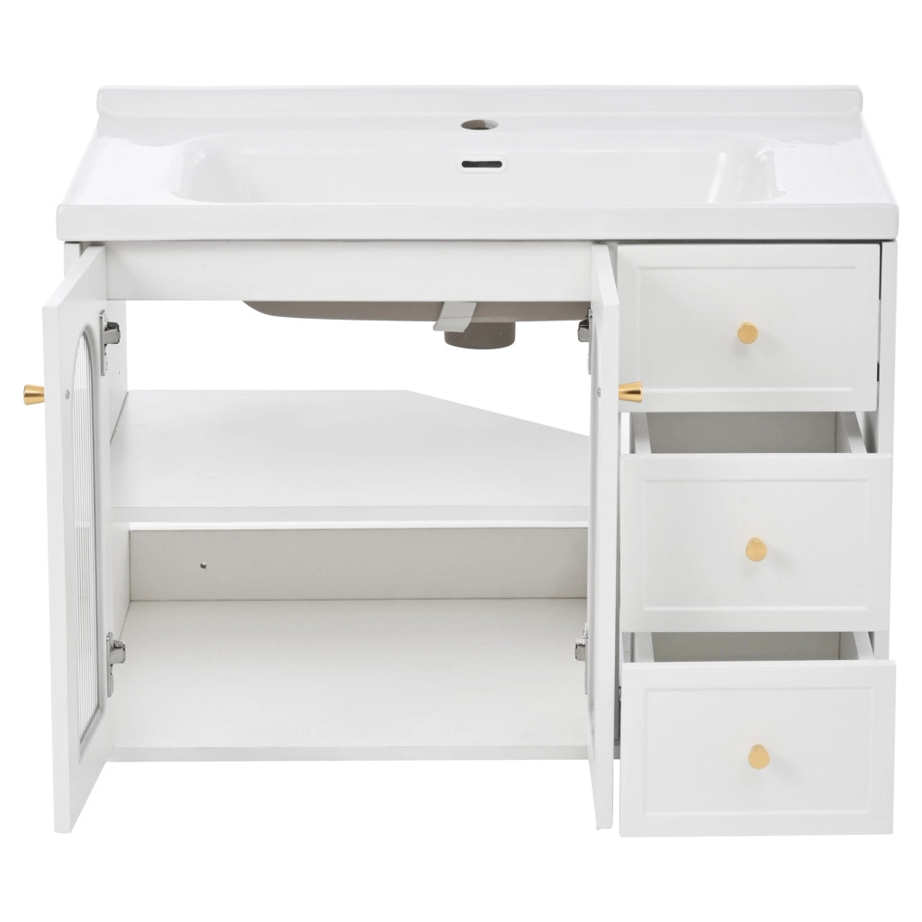 Mobile sottolavabo a parete con 2 cassetti; armadio con porta in vetro ondulato; lavabo in ceramica e ripiani regolabili; bagno