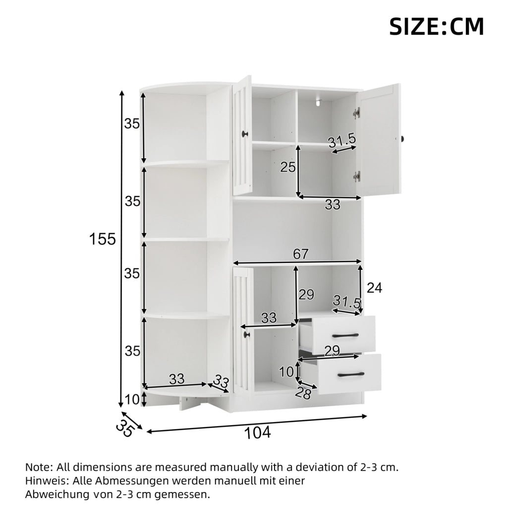 Vetrina angolare 104x35x155 cm con 3 armadi; 2 cassetti e 6 vani aperti; truciolare bianco