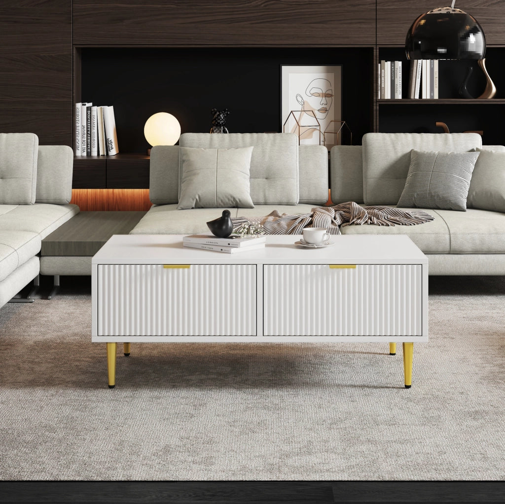 Tavolino basso 100x50x40 cm bianco MDF, 2 cassetti dorati