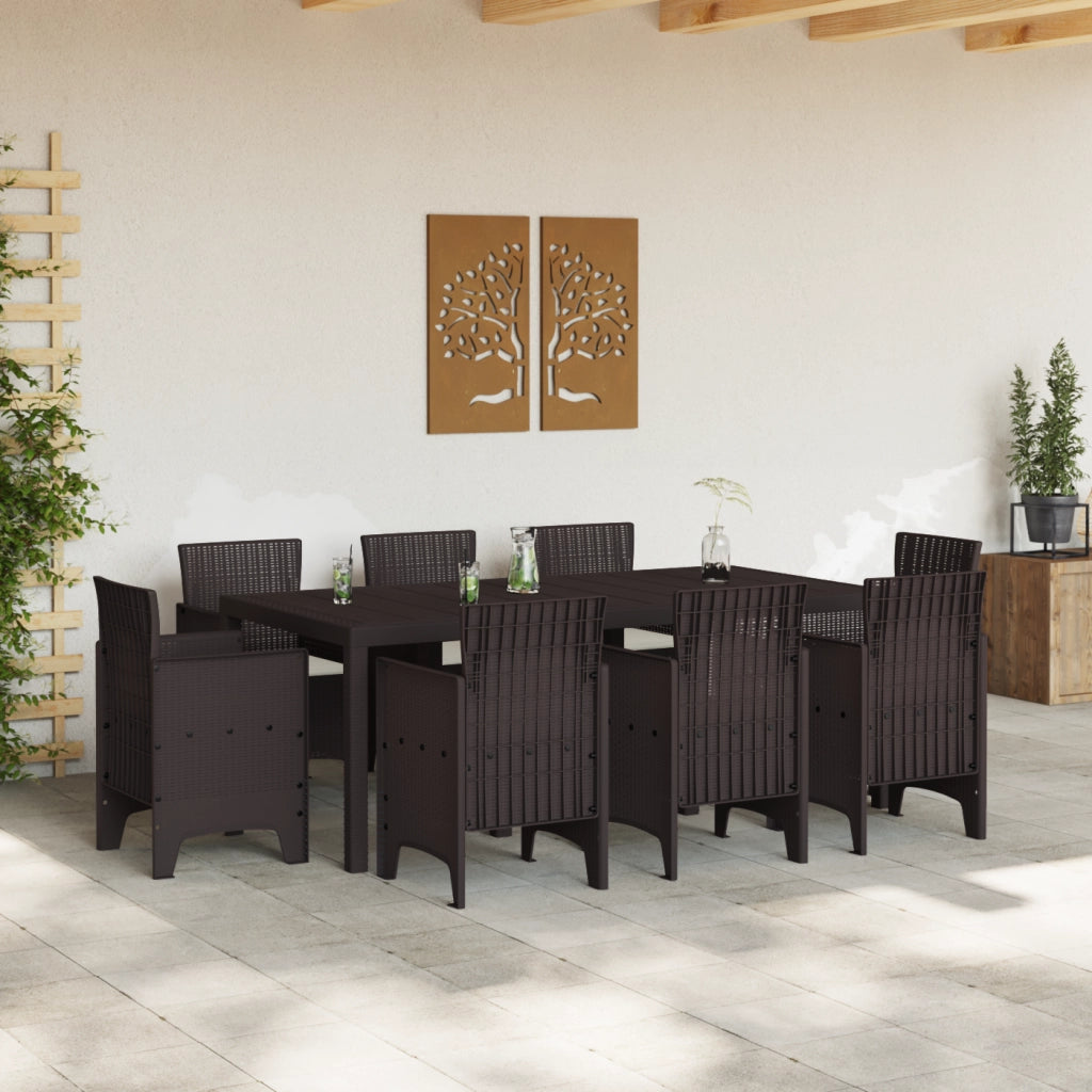 Set Pranzo Giardino 9 Pezzi con Cuscini Marrone Polyrattan