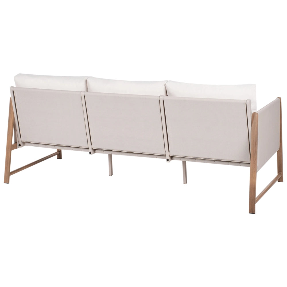 Set di divani da giardino a 5 posti Struttura in metallo beige chiaro con finitura in legno Piano in vetro Divano a 3 posti Ottomano Poltrone
