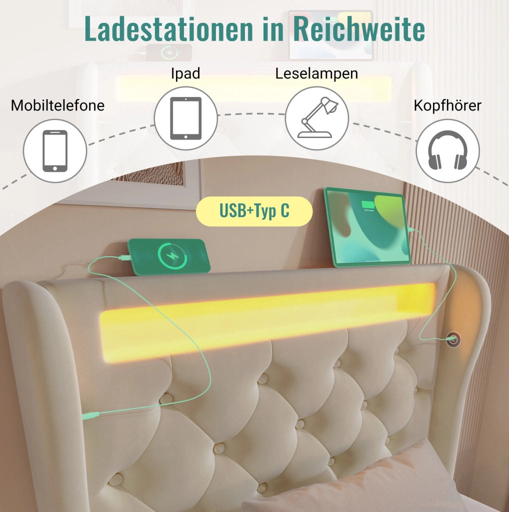 Letto imbottito con LED, ricarica USB-C e contenitore idraulico 90x200 cm