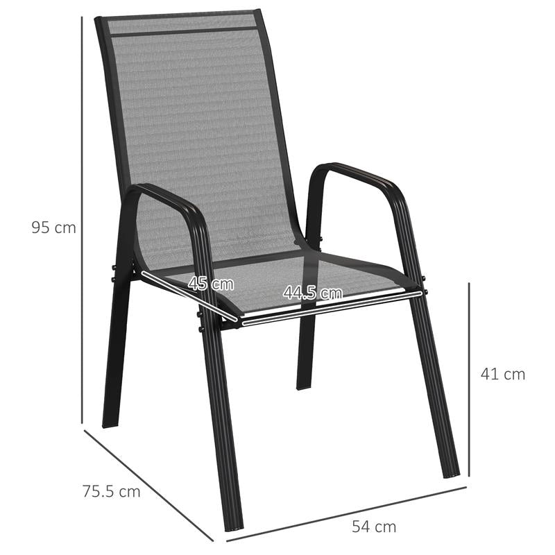 SET 4 SEDIE DA GIARDINO IMPILABILI E SALVASPAZIO CON BRACCIOLI IN METALLO E TESSUTO A RETE, NERO