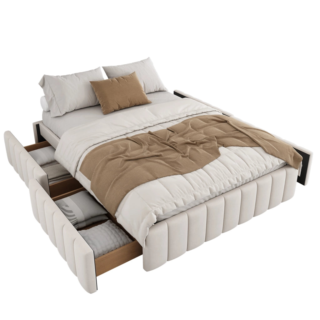 Letto imbottito 140x200 cm con 4 cassetti; senza testiera; velluto beige (Senza materasso)