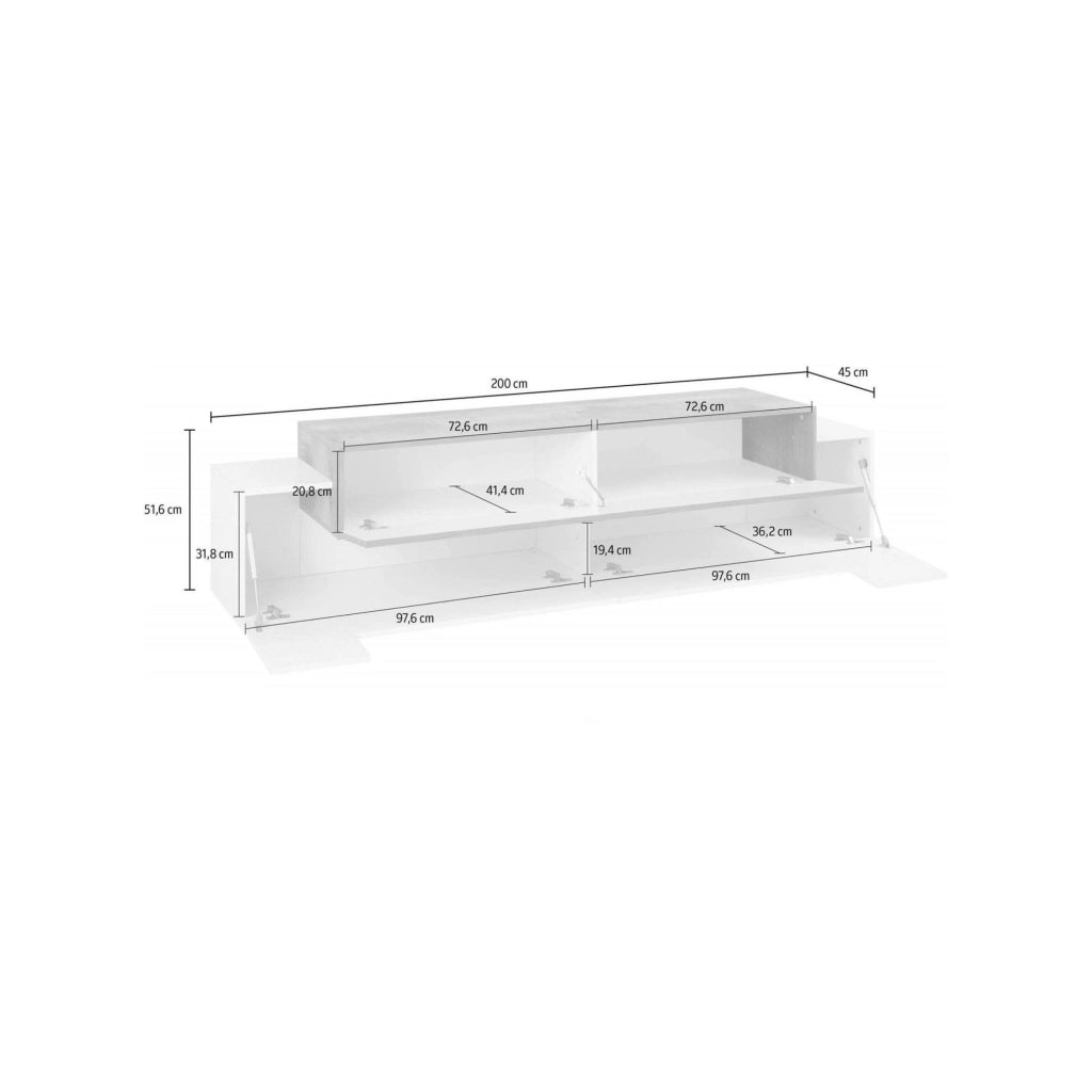 Mobile da soggiorno Porta Arold, Made in Italy, Supporto per Arold da salotto a 3 ante e ripiani, cm 200x45h52, Bianco lucido e Acero