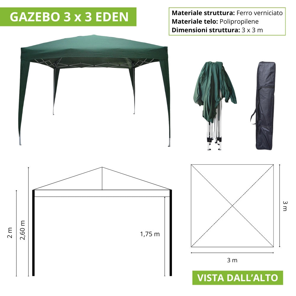 Gazebo Eden richiudibile 3 m x 3 m in ferro verniciato bianco con telo verde