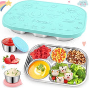 Bentobox con 5 compartimenti in acciaio inossidabile, con coperchio in silicone, cestino per pane riciclabile, snackbox con 2 contenitori per salse da insalata da 50 ml, senza latticelli (verde turquesa)