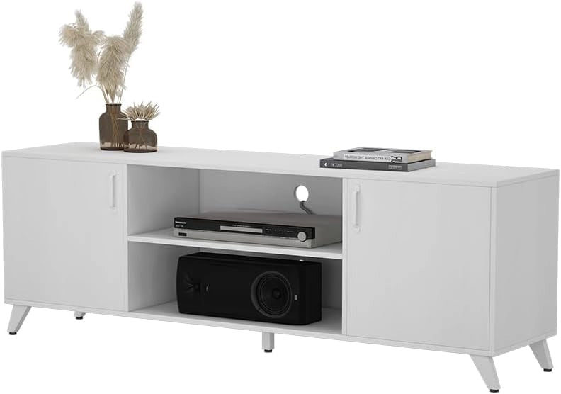 Lowboard Maceio, Bianco, 160 x 54.5 cm con 2 porte, adatto per l'installazione di televisori e dispositivi multimediali