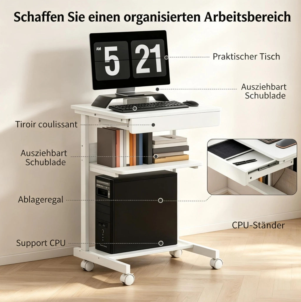 Scrivania per computer bianca con ruote, 56x51x79 cm, con cassetto, ripiano e supporto CPU per ufficio e home office
