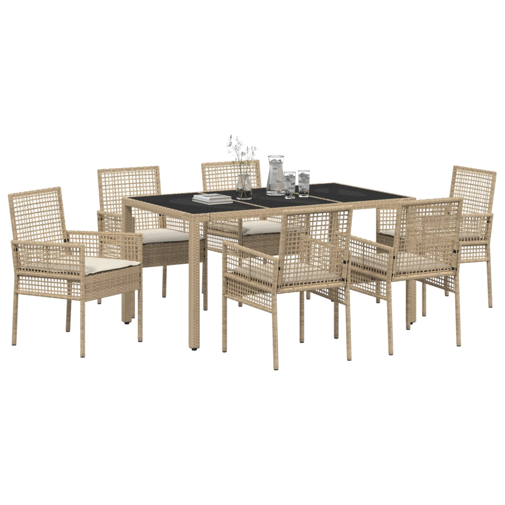 Set da Pranzo da Giardino 7 Pezzi con Cuscini Beige in Polyrattan