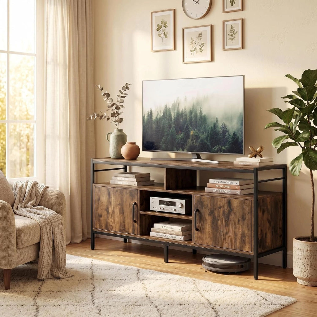 Mobile TV per Soggiorno, Mobile TV con 4 Ripiani Aperti e 2 Armadietti Chiusi, per Televisori fino a 65 Pollici, Stile Industriale con Struttura in Metallo per Camera da Letto (Marrone)