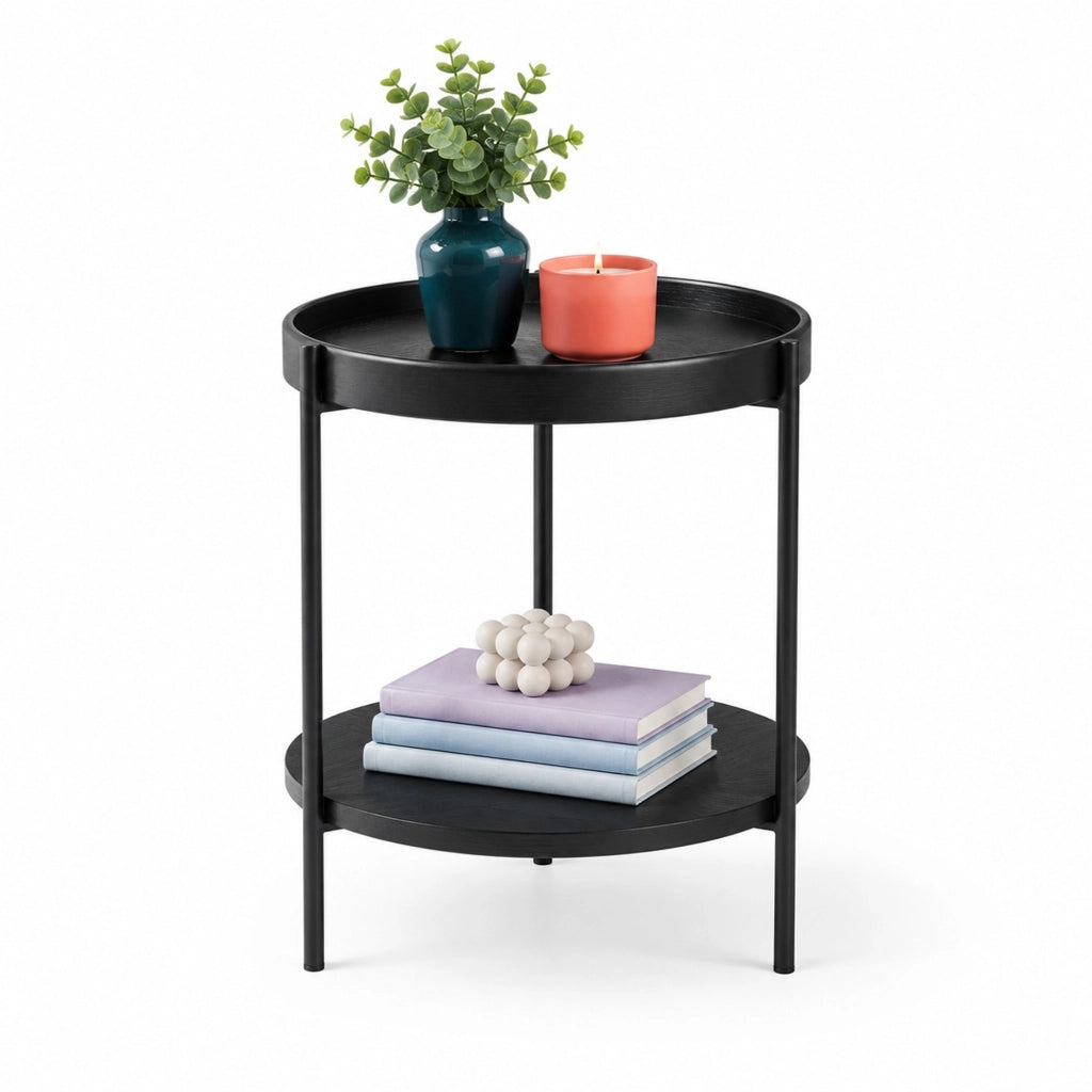 Tavolino rotondo 44x44x48 cm nero; doppio piano a 2 livelli; legno e metallo;