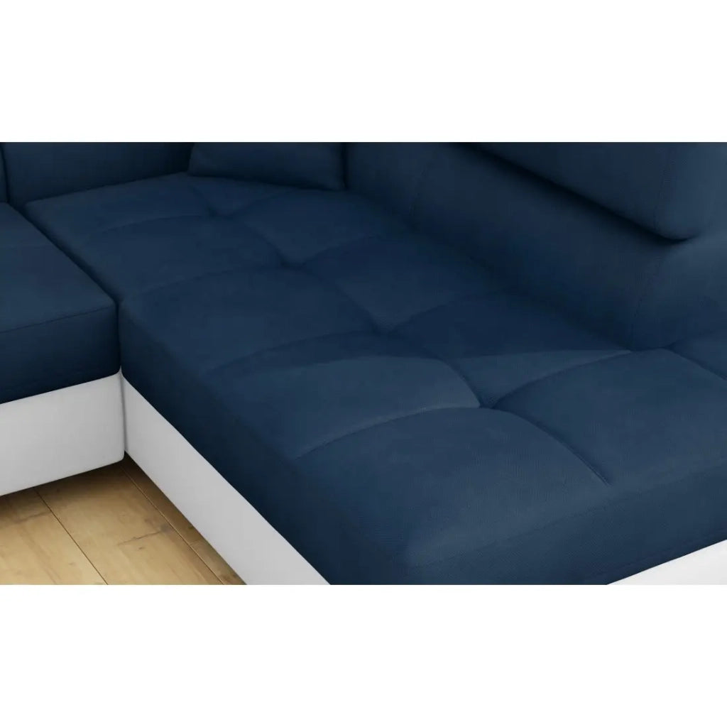 Divano angolare trasformabile MENTON blu scuro e bianco bouclé - Angolo destro con contenitore