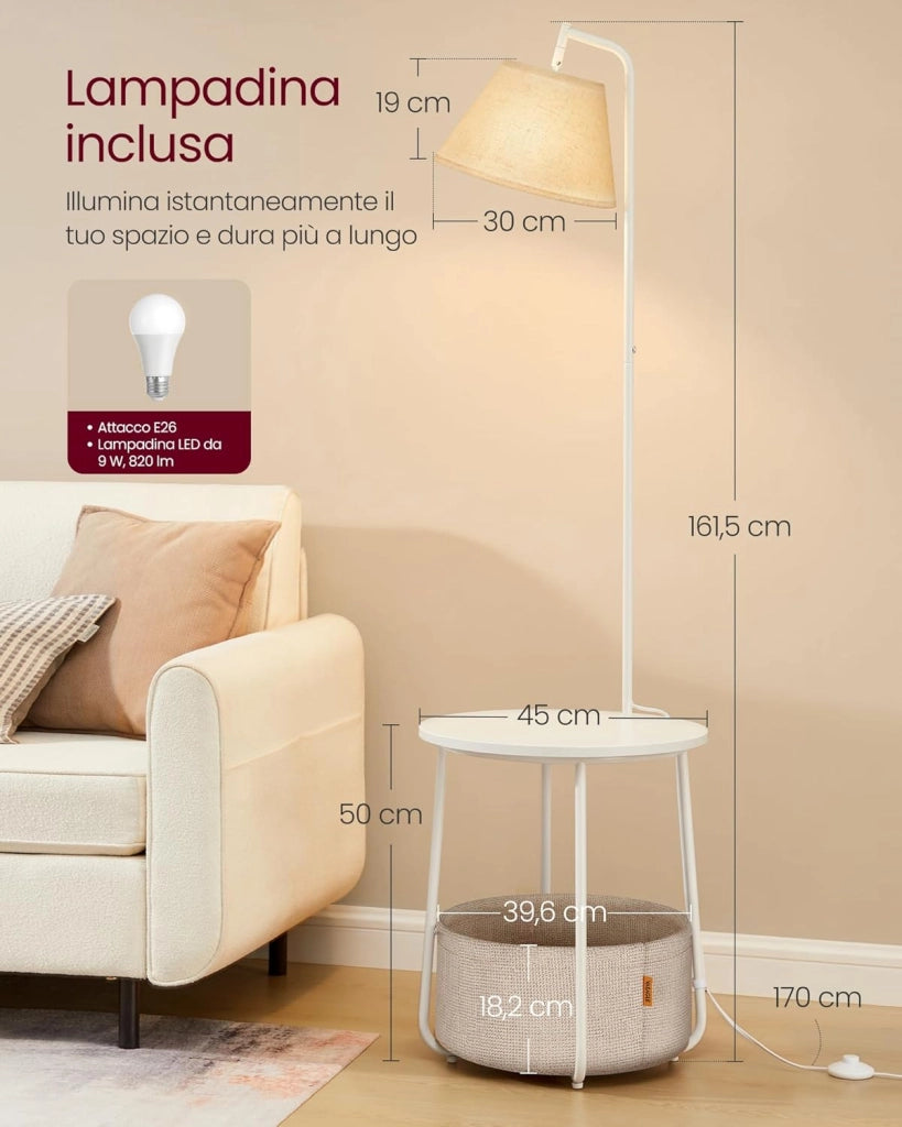 VASAGLE Tavolino con Lampada, Lampada da Terra 3 in 1 con Tavolino e Cesto in Tessuto da Soggiorno Salotto, Lampadina LED Regolabile Inclusa, Paralume ad Angolo, Acciaio, Bianco Opaco LFL004WC04