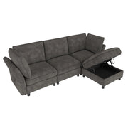 Divano modulare angolare 4 posti - con pouf contenitore e cuscini - in chenille grigio