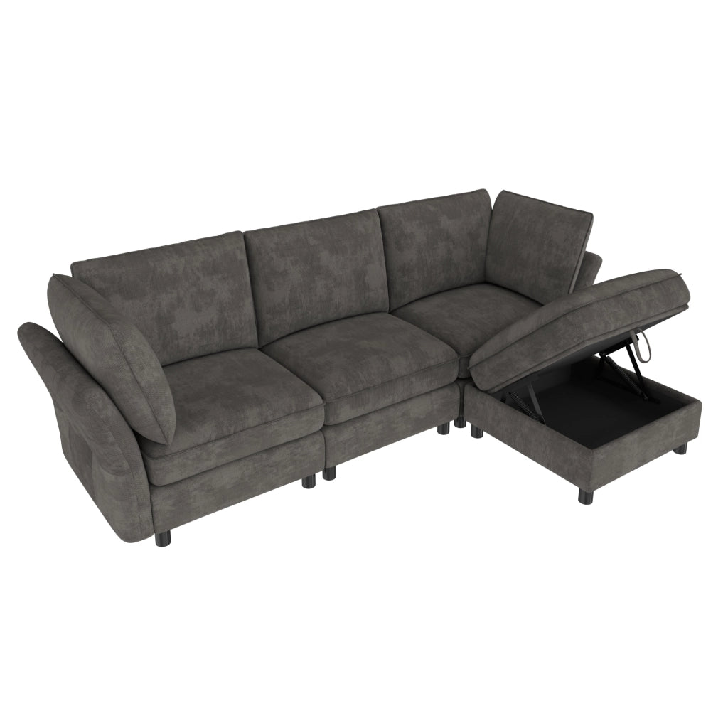 Divano modulare angolare 4 posti - con pouf contenitore e cuscini - in chenille grigio