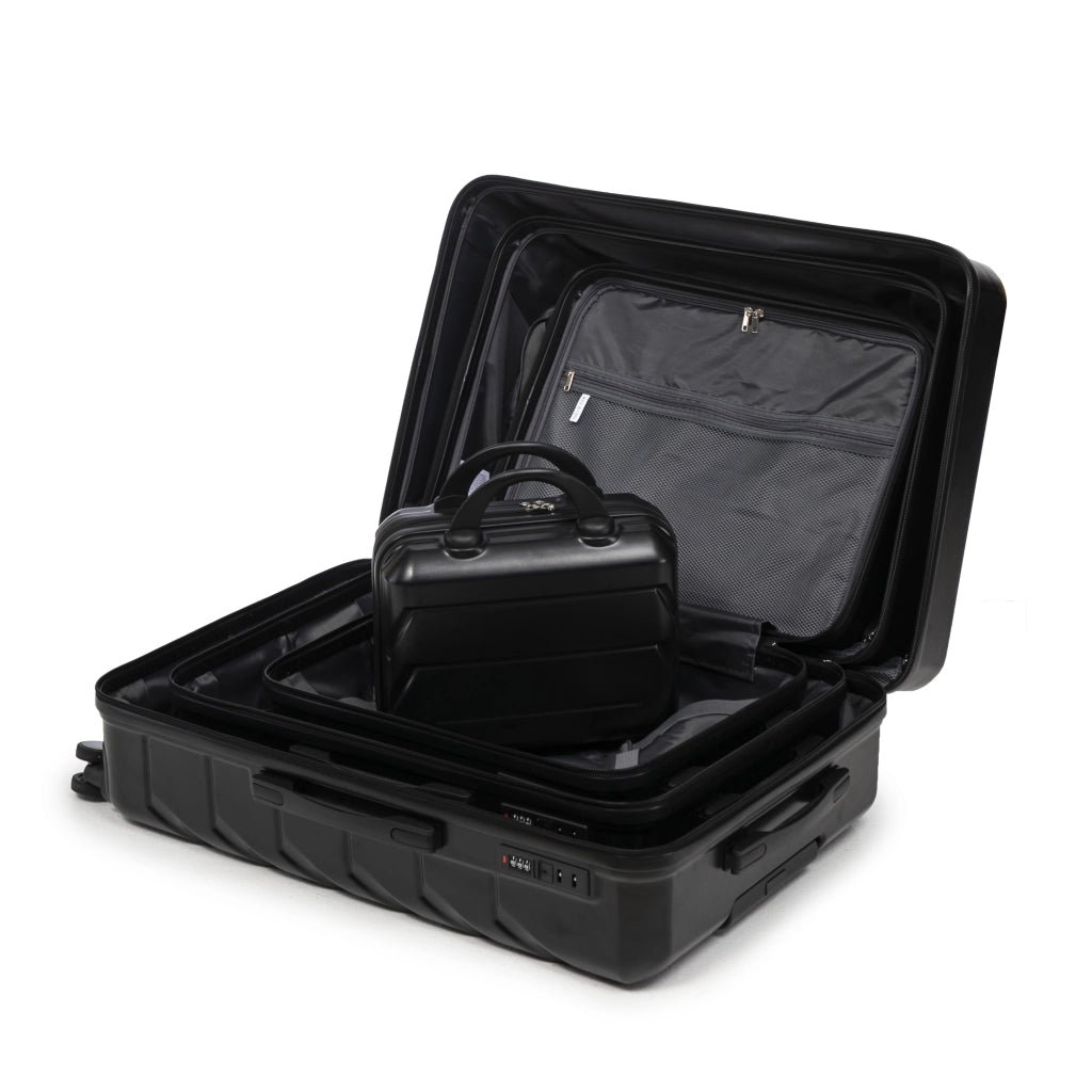 Set di 4 Valigie Rigide in ABS Nero con Beauty Case da 14" e Ganci Laterali