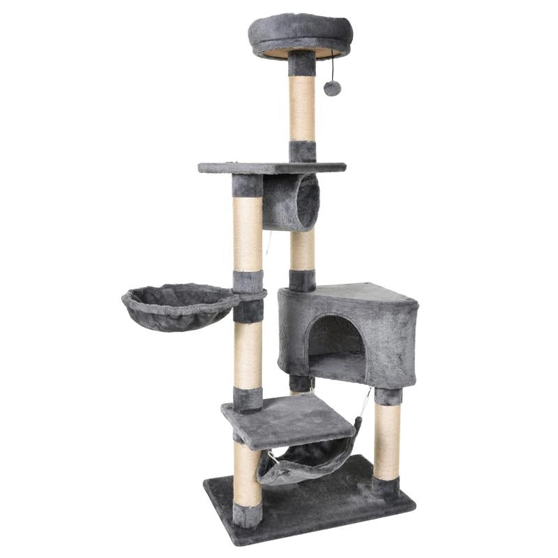 TIRAGRAFFI A COLONNA PER GATTI CON CUCCIA AMACA LETTINI SOSPESI E PALI IN CORDA SISAL GRIGIO 60X40X154CM