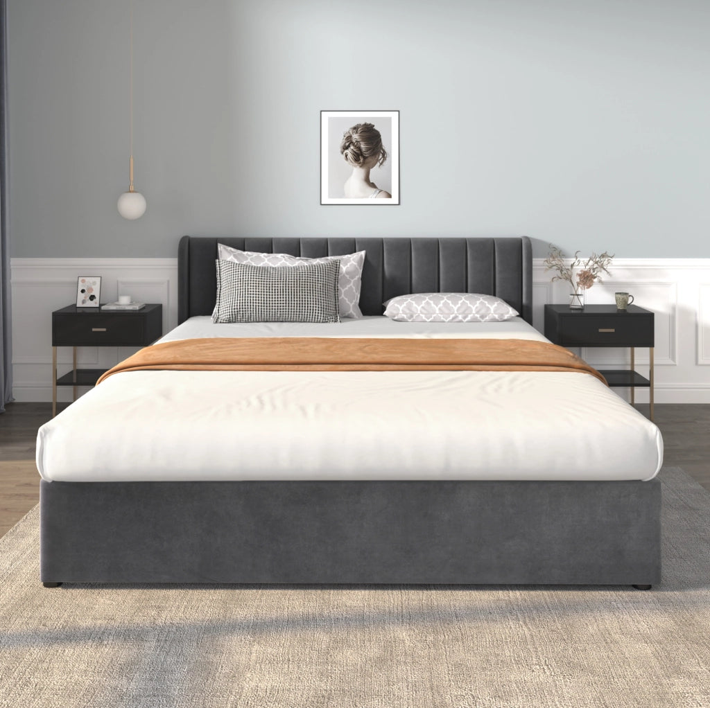 Letto matrimoniale 180x200 cm in velluto grigio con testiera e 2 cassetti; con rete a doghe