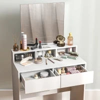 Tavolo da trucco con specchio, tavolo da trucco con 2 cassetti e 3 scomparti, stile moderno, 75 x 38 x 135 cm, bianco