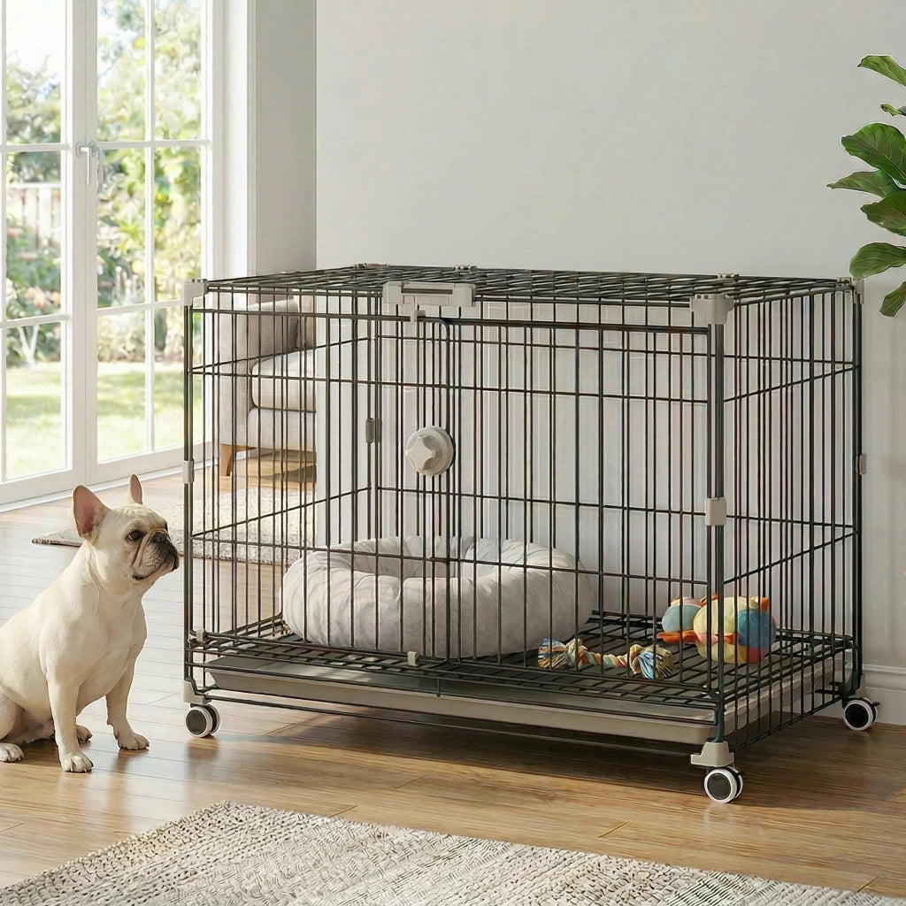 Cage per Cani con Vassoio Amovibile e Ruote ¨C zephmum ¨C Nero 75.5x46x64.5cm