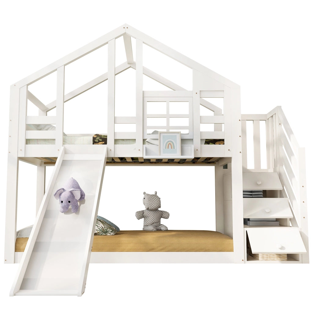 Letto a Castello 90 x 200 cm; 2 Posti - con Scivolo e Scale Contenitore - Bianco