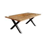 Tavolo da pranzo RAFTA 180 cm – Piano in legno massello di teak e vetro temperato – Gambe a X in metallo nero