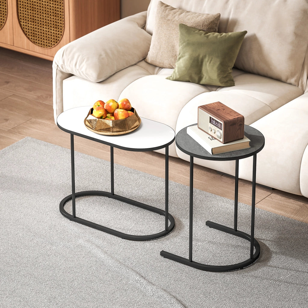 Set 2 Tavolini da Salotto Impilabili con Telaio in Metallo Grigio e Bianco