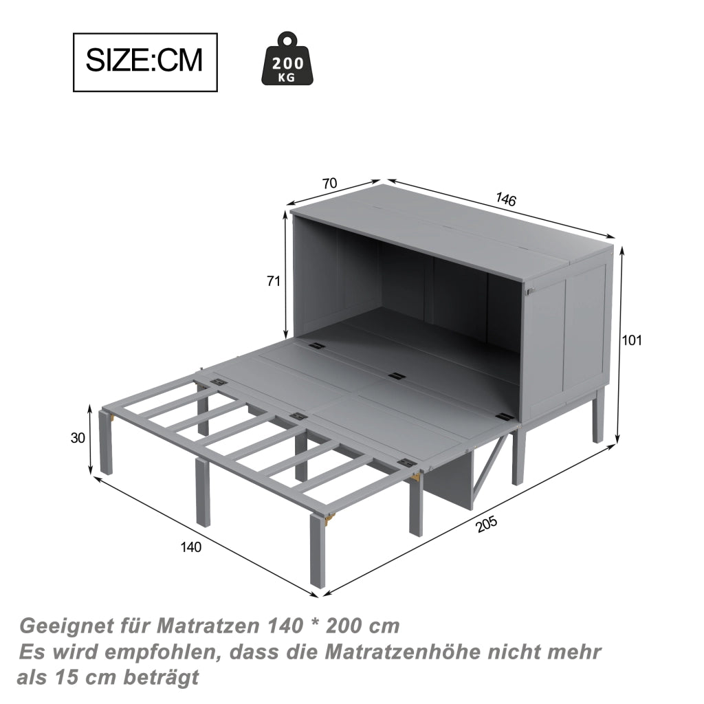 OKWISH Letto a scomparsa 140×200 cm, Letto Matrimoniale con Ribalta Verticale, Spazio Contenitore e Consolle, senza Materasso, Grigio