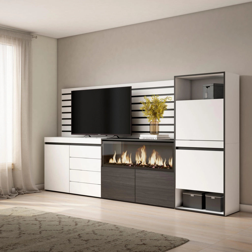 Credenza, 274x35x145cm, Camera da letto, Camino elettrico XXL, Cassettiera, Scarpiera, Bianco RF3388