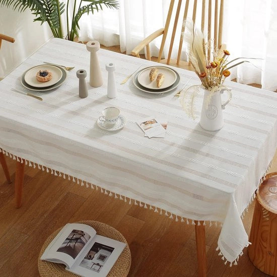 Telaio da tavolo Bianco tovaglia da tavolo Lino Cotone Lavabile tovaglia da tavolo Stile pennello Moderno per esterno, giardino, ristorante Decorazione da tavolo (bianco 140 x 260 cm)