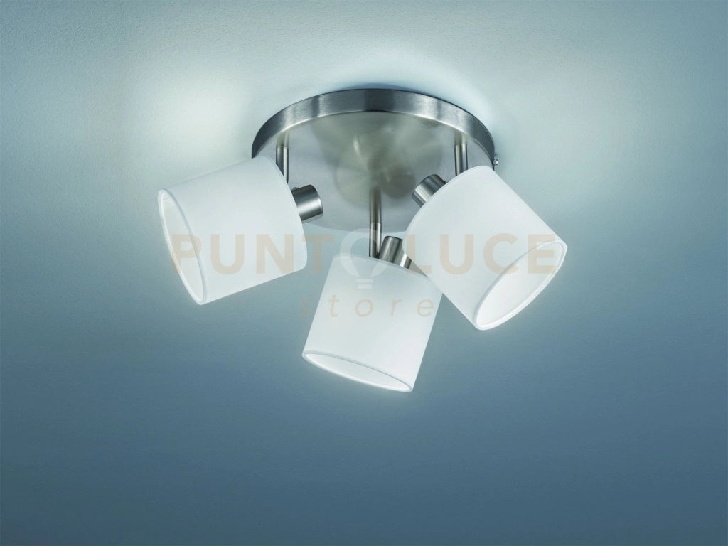 TOMMY PLAFONIERA 3 SPOTS CON DIFFUSORI PARALUMI BIANCHI BASE METALLO ACCIAIO SATINATO D.25CM ATTACCO E14