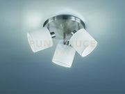 TOMMY PLAFONIERA 3 SPOTS CON DIFFUSORI PARALUMI BIANCHI BASE METALLO ACCIAIO SATINATO D.25CM ATTACCO E14