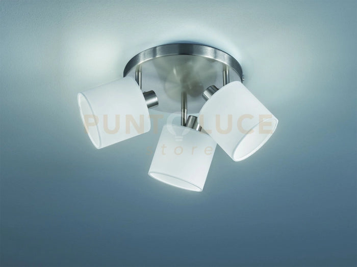 TOMMY PLAFONIERA 3 SPOTS CON DIFFUSORI PARALUMI BIANCHI BASE METALLO ACCIAIO SATINATO D.25CM ATTACCO E14