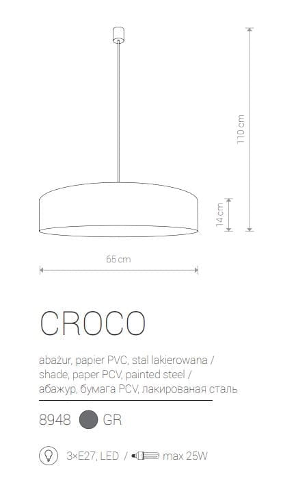 Lampadario Nowodvorski Croco grigio velluto Ø65 3xE27