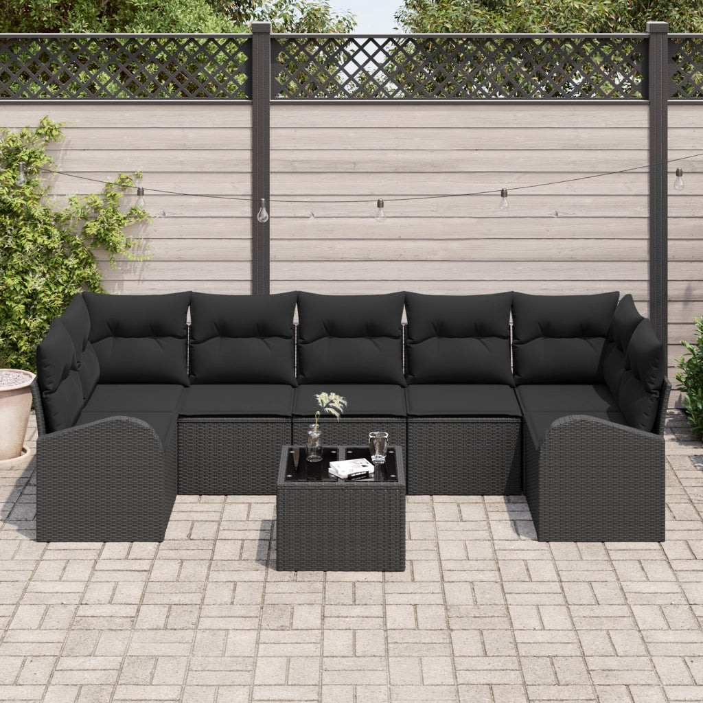 Set di divani da giardino a 8 pezzi con cuscini in polyrattan nero
