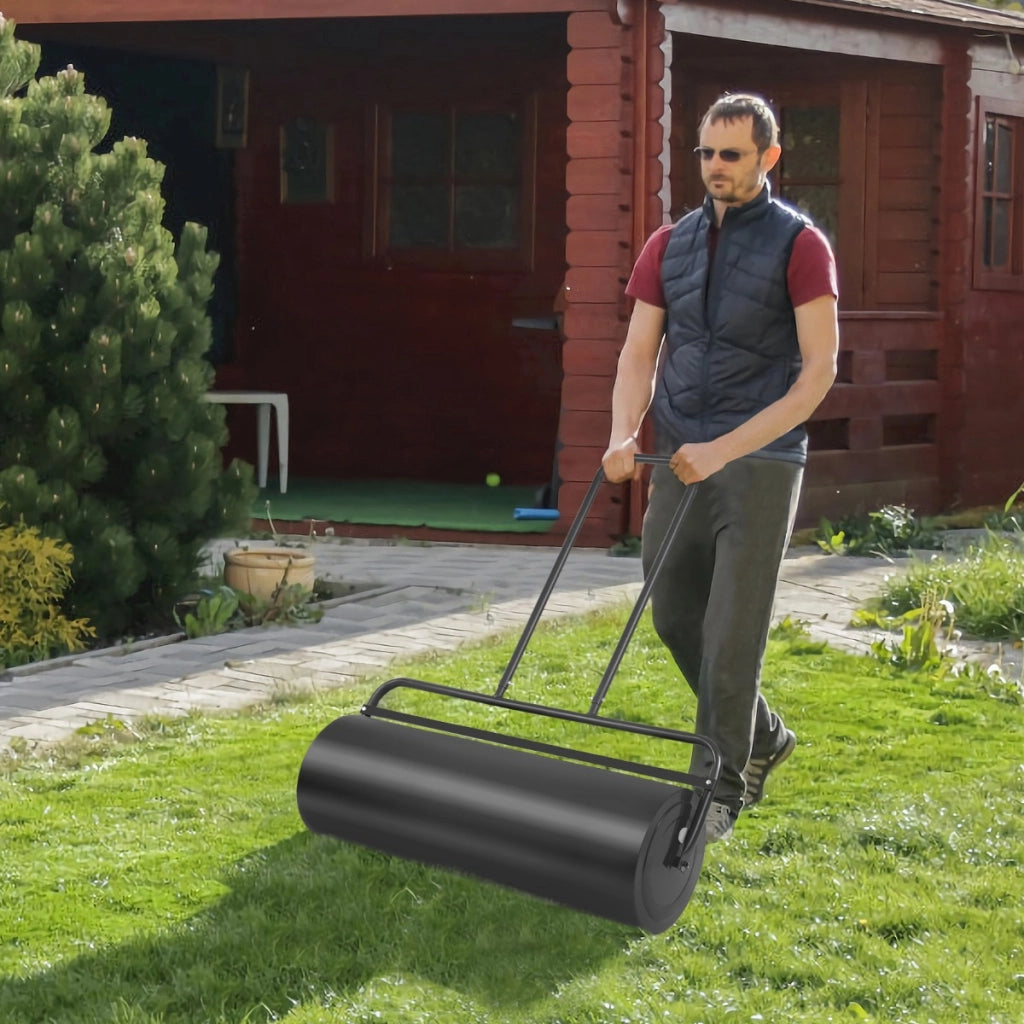 Rullo per prato in acciaio riempibile con acqua e sabbia, Rullo per zolle con cilindro resistente Nero-Attrezzi da giardino