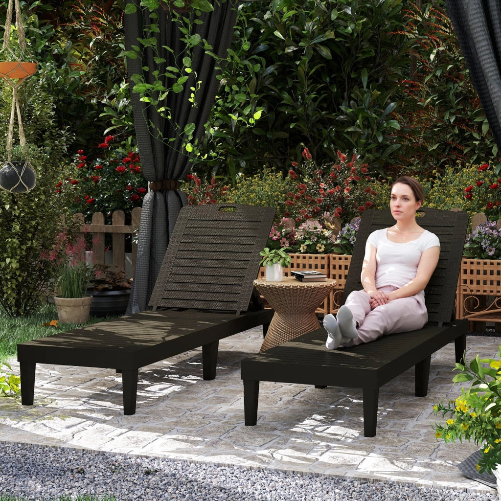 Set 2 Lettini Prendisole con Schienale Regolabile Effetto Rattan a Doghe Nero