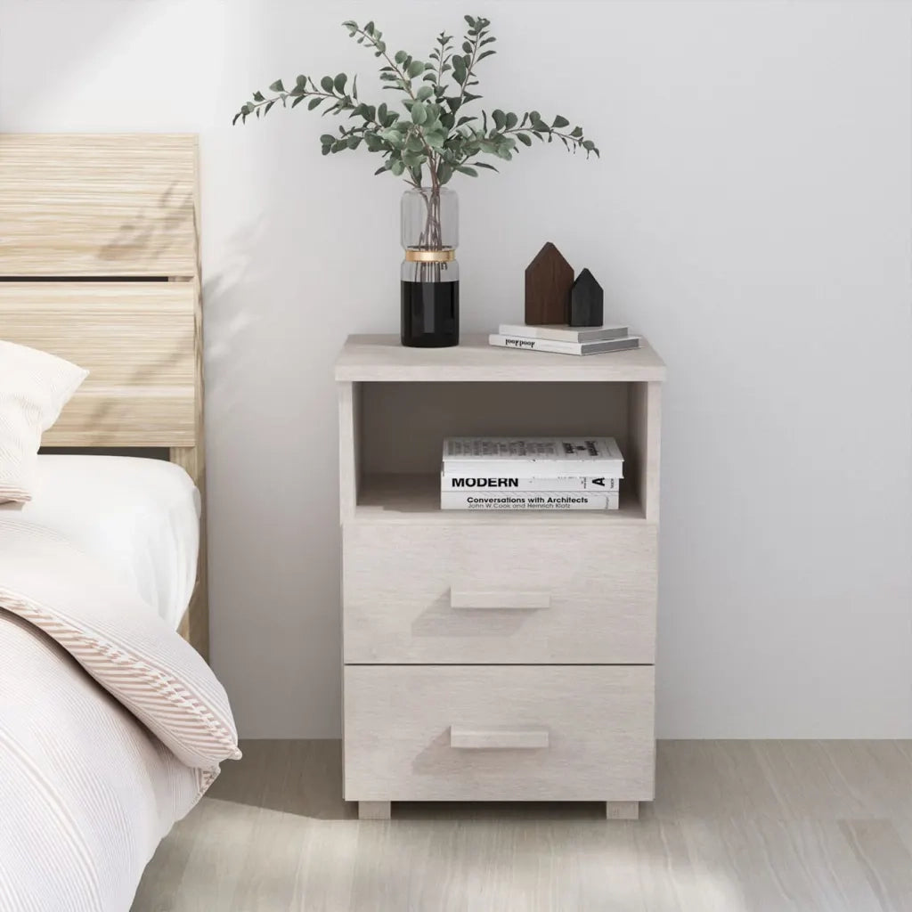 Comodino HAMAR Bianco 40x35x62 cm in Legno Massello di Pino 340413