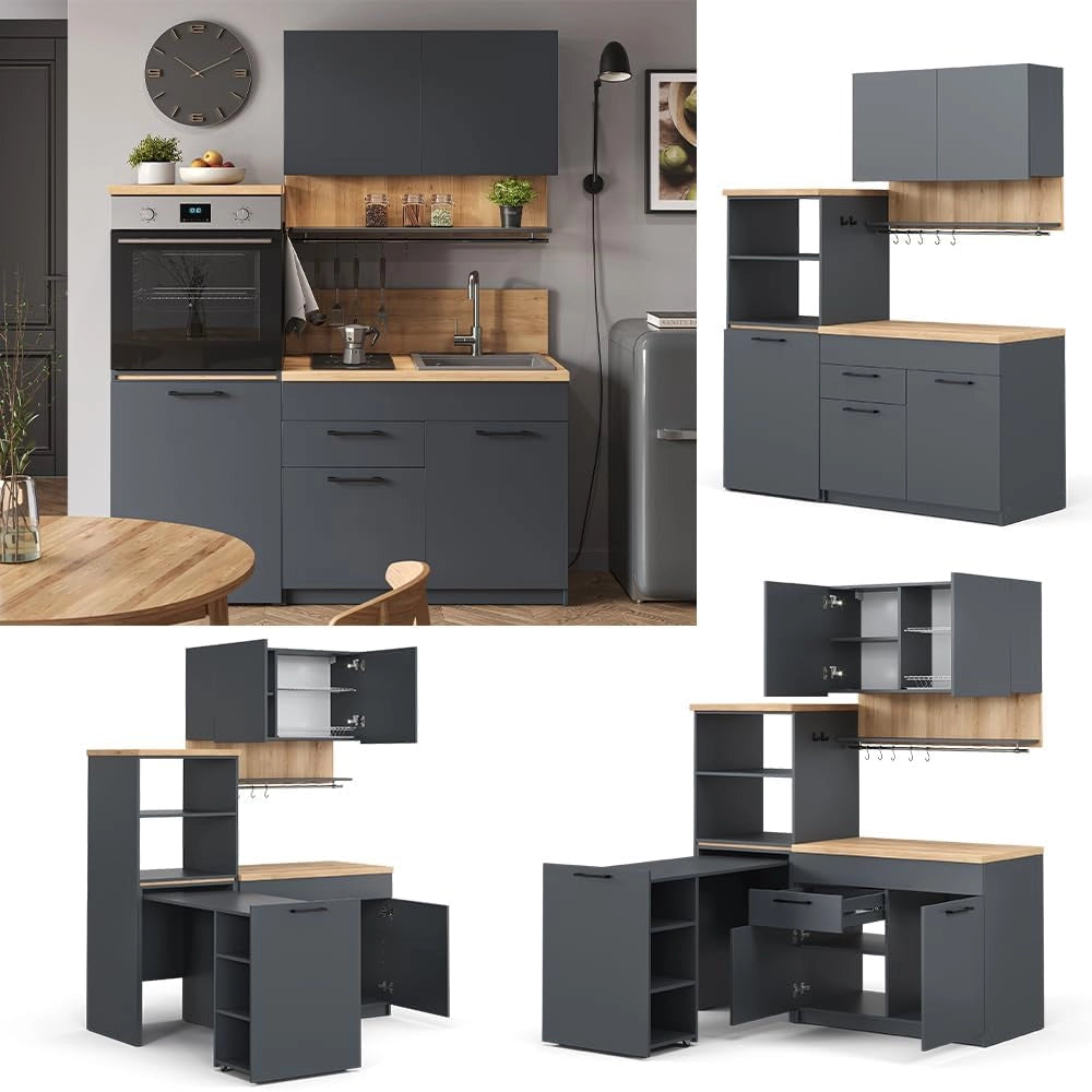 Cucina singola Egbert, Antracite, 160 cm con tavolo allungabile con striscia LED, con asciuga piatti integrato e ripiani laterali