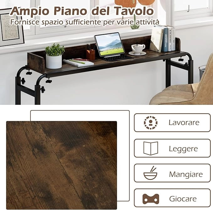 Scrivania Sopra-il-Letto con Ruote, Scrivania per Letto con Altezza e Lunghezza Regolabili, Telaio in Metallo, Mbile Portatile e Versatile per Camera da Letto, Soggiorno e Ospedale