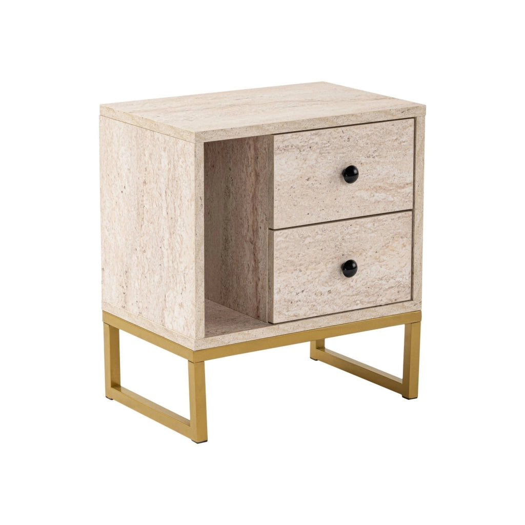 Comodino Rhiannon, Comò basso, Tavolino da notte, Mensola da letto, 45x30 h50 cm, Beige e Oro