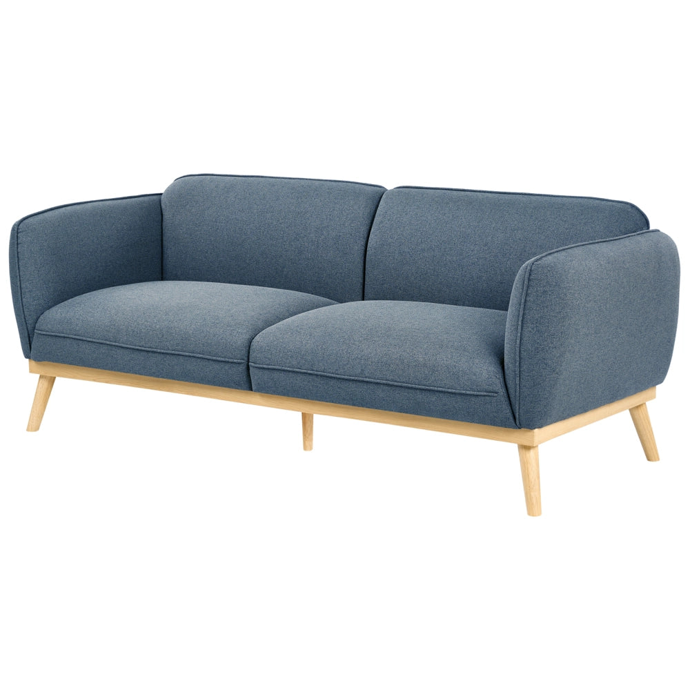 Set da salotto in stile scandinavo con divani a 2 e 3 posti, gambe affusolate in legno e rivestimento in tessuto blu