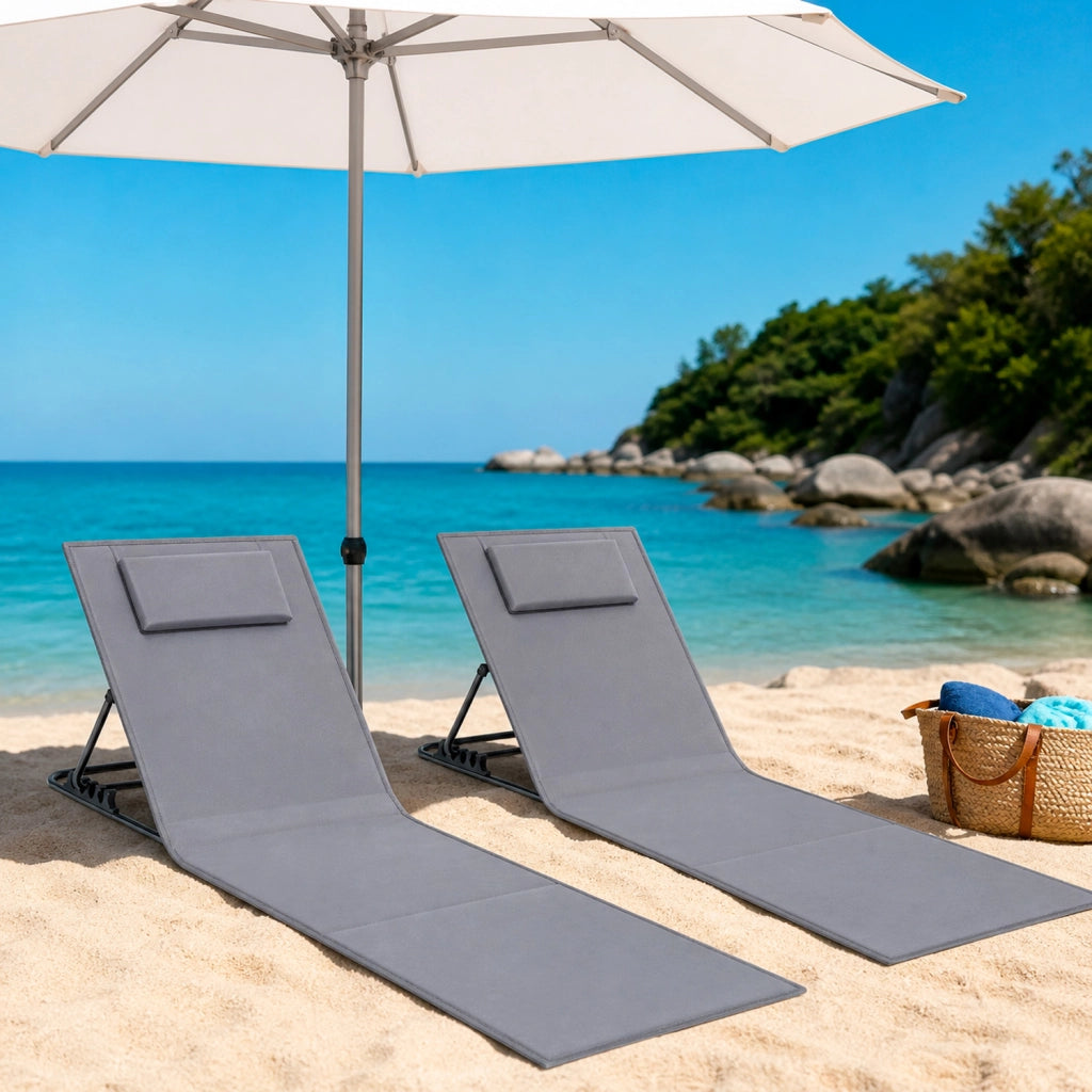 Set Lettini Prendisole Doppio Pieghevoli Con Schienale Reclinabile 4 Posizioni Tasca Portaoggetti Cuscino Poggiatesta Per Spiaggia Piscina Campeggio Giardino 158 X 55 X 52 Cm Grigio